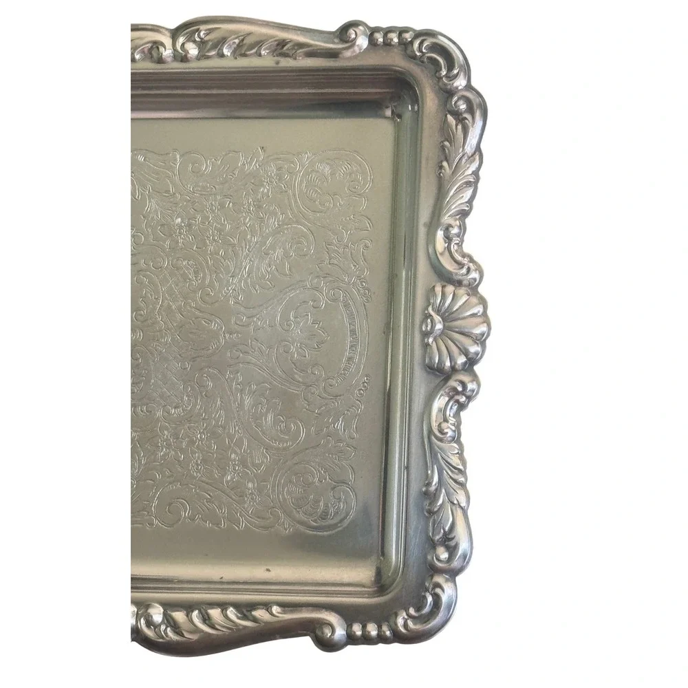 Vintage Vintage Silver Plate Rectangular Serving Tray Etched Scroll Shells